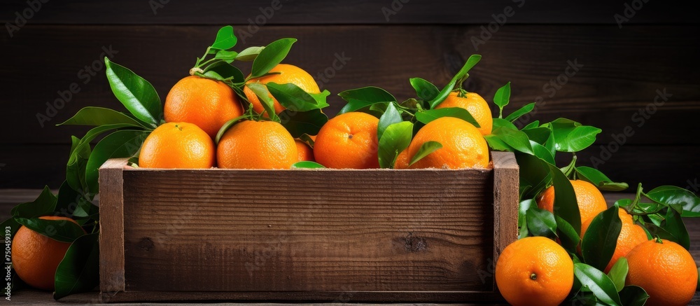 Poster rustic wooden crate overflowing with fresh mandarins on a farm table