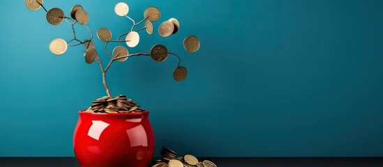 Vintage Red Money Box Surrounded by Euro Coins and Lush Plant on Blue Background - obrazy, fototapety, plakaty
