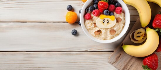 Whimsical Bear-Shaped Oatmeal Bowl with Fruity Decor on Rustic Table - Powered by Adobe