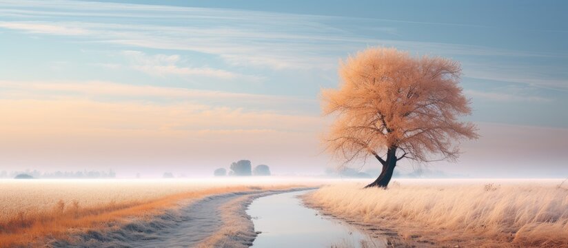 Tranquil Path Leads to Solitary Tree Standing Tall in Vast Field of Reeds