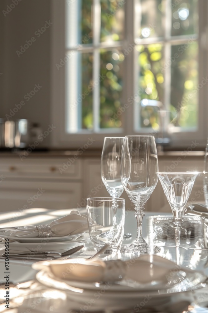 Poster a beautifully arranged table setting with wine glasses and plates. ideal for restaurant menus or eve