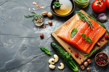 Fresh raw salmon fillet on wooden cutting board, organic bio vegetables and nuts on rustic stone grey background top view. Ingredients full of vitamins for healthy diet and nutrition, space for text 