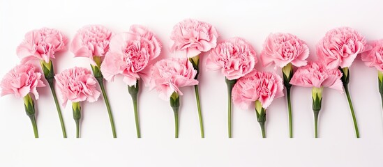 Elegant Pink Carnation Flowers Arranged in a Beautiful Row on White Background