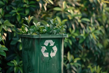 green trash can with recycling sign on foliage background 