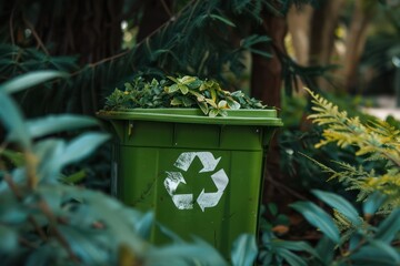 green trash can with recycling sign on foliage background 