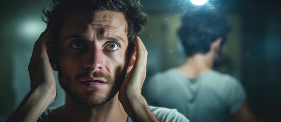 Exhausted man reflecting on sleepless night while staring at self in mirror at home