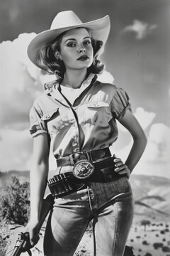 blond beautiful cowgirl holding hand gun in western shirt vintage black and white photo