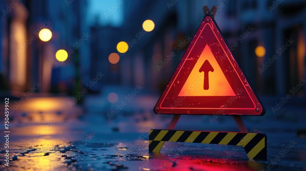 Poster a red warning sign placed on the side of a road. suitable for traffic safety concepts