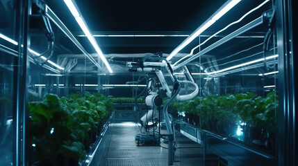 Smart farming agricultural technology Robotic arm harvesting hydroponic lettuce in a greenhouse,