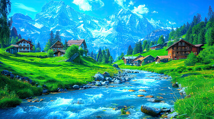 scene of clear water River with stone edge and snow mountains background outdoor