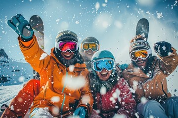 Group of friends having fun in a ski resort 