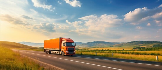 Obraz premium Vibrant Harvest: Truck Carrying Grain on Rural Highway amid Bountiful Fields