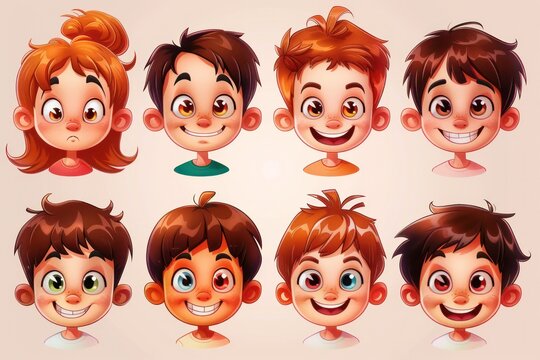 Group of cartoon children with various facial expressions. Perfect for educational materials or children's books 