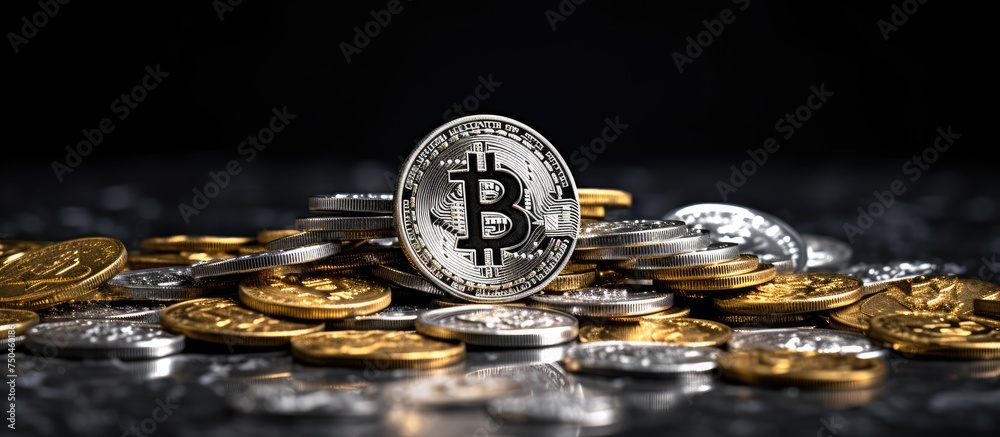 Poster Stack of Crypto Coins with Bitcoin on Top Symbolizing Wealth and Finance
