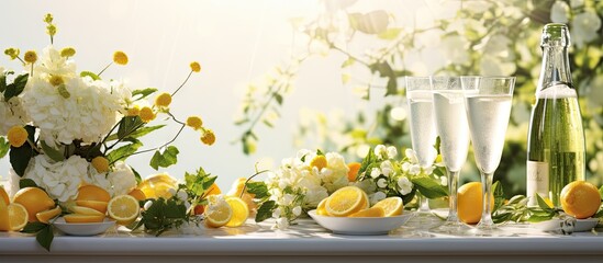 Elegant Table Setting with Fresh Blooms and Citrus Fruits for a Summery Celebration