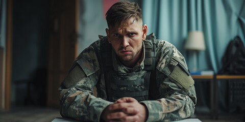 Image of war veteran after nervous breakdown during psychotherapy - obrazy, fototapety, plakaty