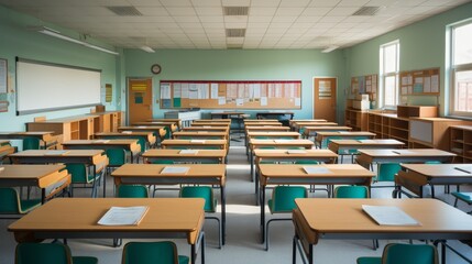 Arranged classroom with rows of desks and chairs