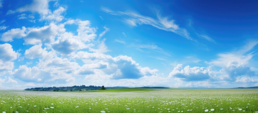 Tranquil Blue Meadow Under Sunny Sky: Serenity in Nature with Vast Grassland Landscape