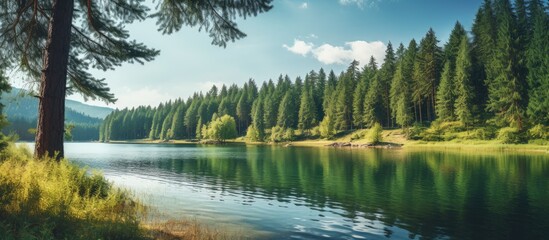 Tranquil Lake Nestled in Verdant Forests with Majestic Pine Tree in Foreground