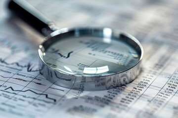 A magnifying glass on top of a paper, suitable for educational or research concepts