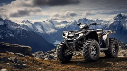 Fototapeta na wymiar ATV Quad Bike in front of mountain landscape