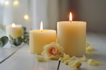 Fototapeta na wymiar A couple of candles on a wooden table. Perfect for home decor ideas