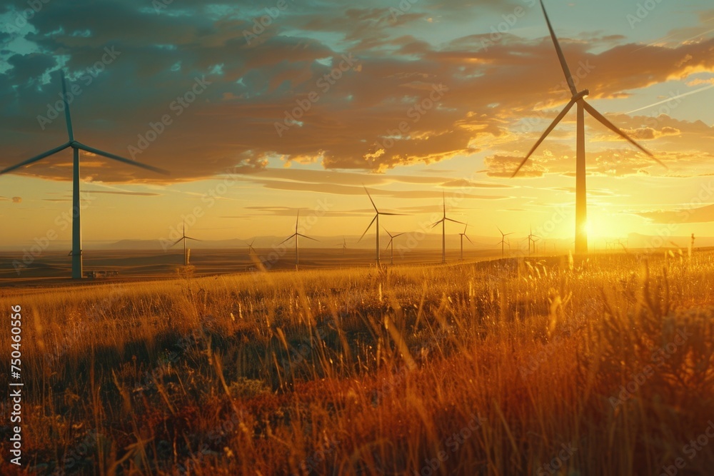 Poster wind turbines standing in a field of tall grass. suitable for environmental and renewable energy con