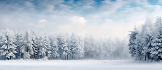 Serene Winter Wonderland: Snowy Pine Forest Sways Under Cloudy Skies in First Frost - obrazy, fototapety, plakaty