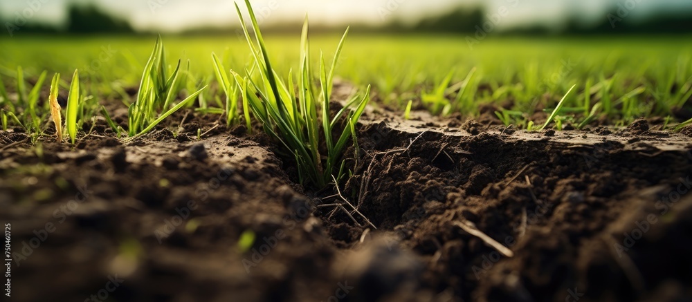 Poster vibrant green grass grows on broken soil in a close-up field view