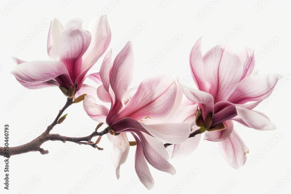 Poster two pink flowers on a branch against a white background. suitable for various design projects