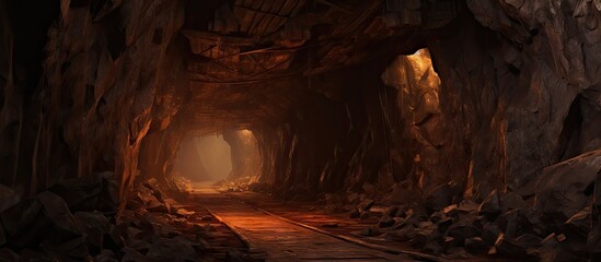 Mysterious Underground Tunnel Laden with Rocks Leading into the Unknown Depths - obrazy, fototapety, plakaty