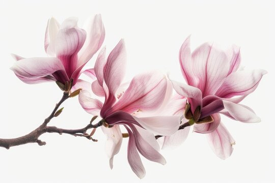 Two pink flowers on a branch against a white background. Suitable for various design projects
