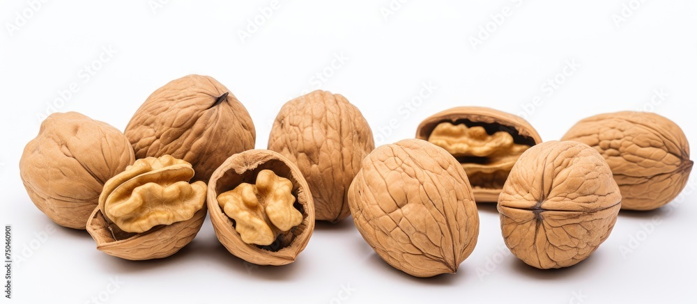 Poster assorted walnuts on white background - a nutty close-up studio shot