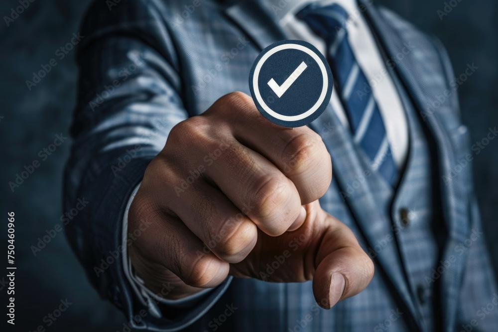 Aufkleber man in suit holding check mark button, suitable for business concepts