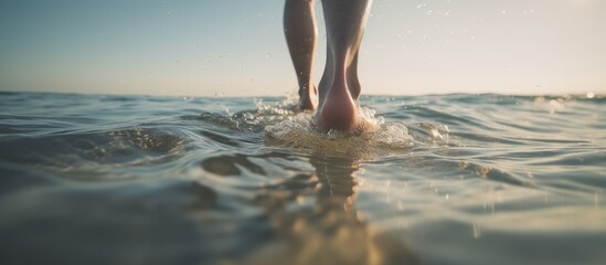 Exploring Serenity: Person Delights in A Tranquil Moment Walking with Feet in Gentle Waters