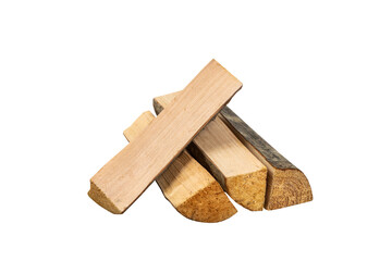 Dry firewood chopped and stacked on white background