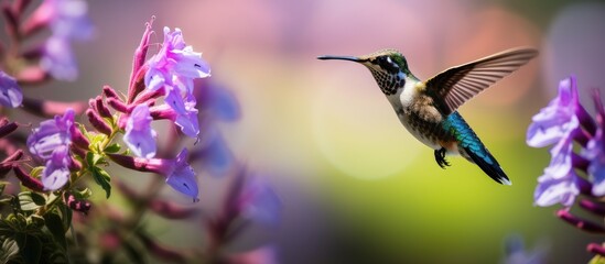 Graceful Hummingbird Soaring Above Vibrant Purple Bloom in a Lush Garden
