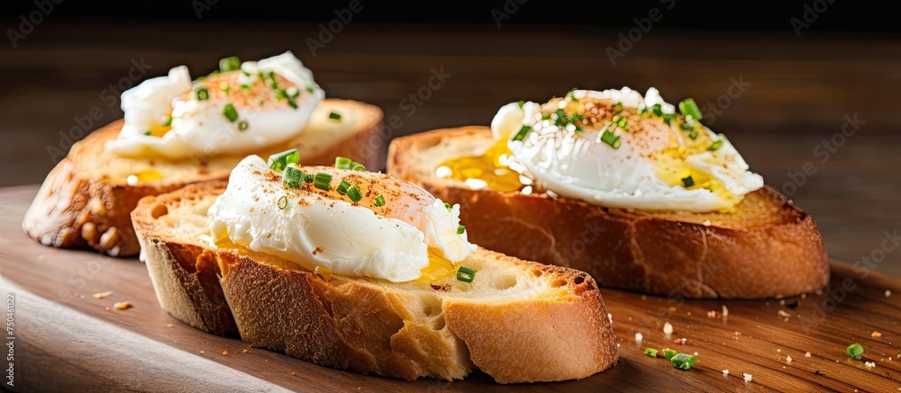 Poster delicious poached eggs on crispy toasted baguette slices ready to serve