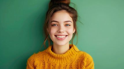 Joyful young woman in a sunny yellow sweater on a green background