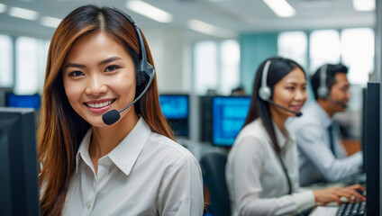 Beautiful Asian call center woman working in a company office, wearing a headset and using a laptop computer to talk and provide telephone service to customers at work.