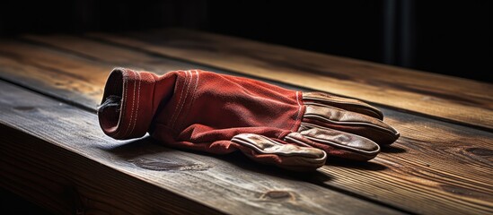 Vibrant Red Gloves Resting on Weathered Wooden Bench in Industrial Setting