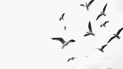 A flock of seagulls soaring gracefully against a clear, white sky, creating a serene and minimalist composition. - obrazy, fototapety, plakaty