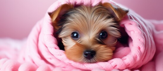 Adorable Yorkshire Terrier Snuggled in Pink Cozy Blanket Enjoying a Relaxing Nap