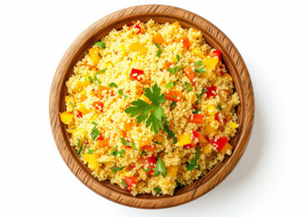 Couscous with vegetables in a wooden bowl, attractive and colorful, top view on a white background. The concept of healthy eating. Design for a cooking blog, vegetarian recipes website, cooking class