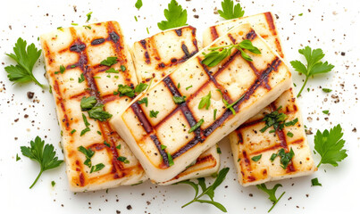 Grilled Halloumi cheese slices, evenly spaced, top-down view isolated on white background. Mediterranean cuisine concept. Design for vegetarian menu, healthy eating blog, recipe guide