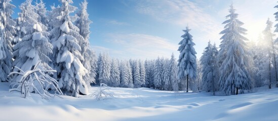Serene Winter Wonderland: Snowy Forest Blanketed in Deep Snow Under a Clear Sky