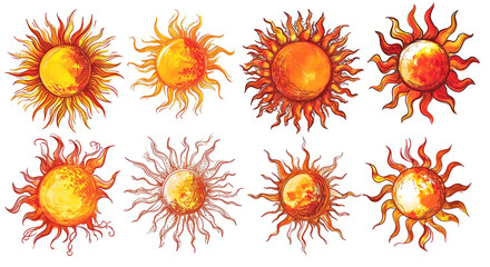 Expressive illustrations of the sun isolated on white background