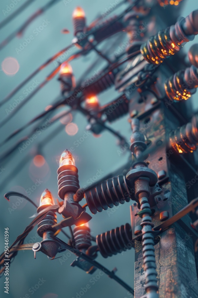 Poster Detailed view of a power pole with multiple wires. Ideal for illustrating infrastructure concepts