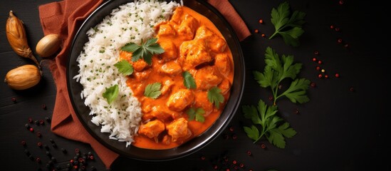 Delicious Chicken Tikka Masala Served with Basmati Rice and Coriander Leaves