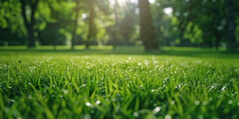 Close-up of water droplets on green grass. Suitable for nature backgrounds